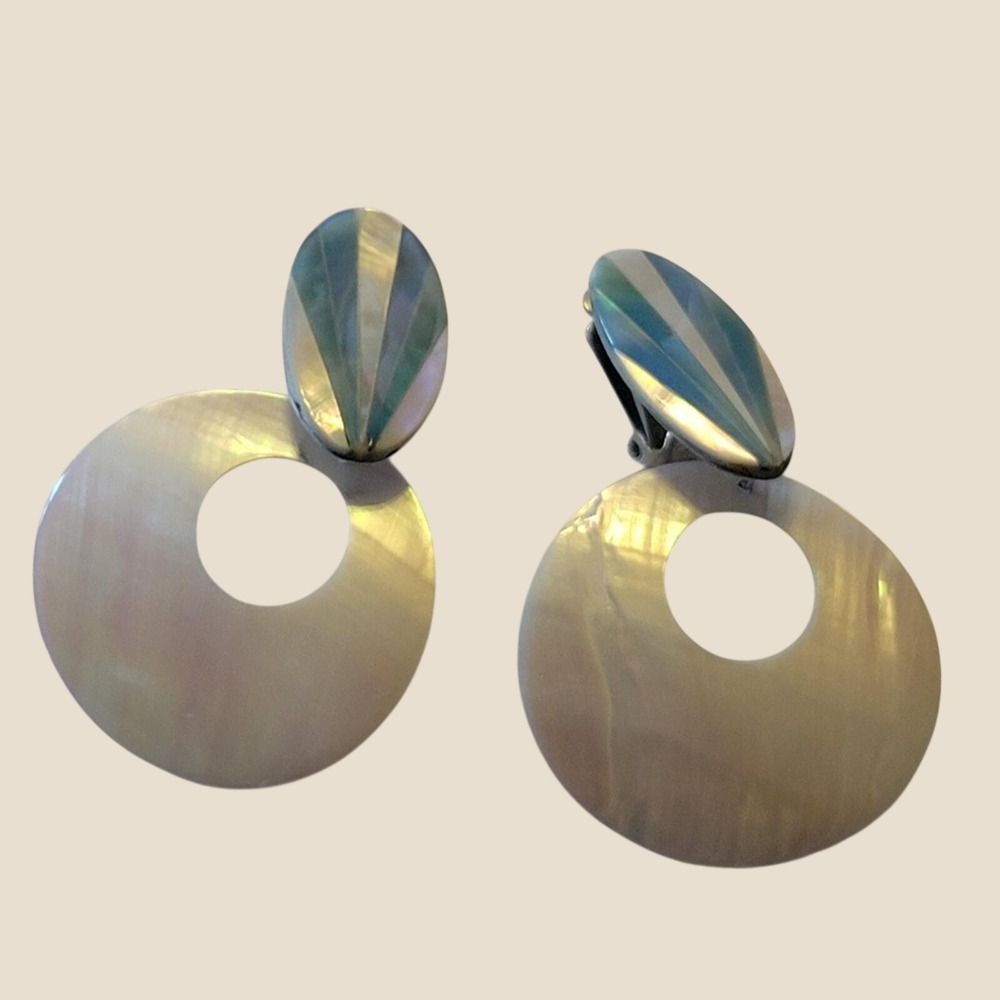 Vintage Mother of Pearl Earrings Geometric Boho Statement Iridescent Cream Blue
